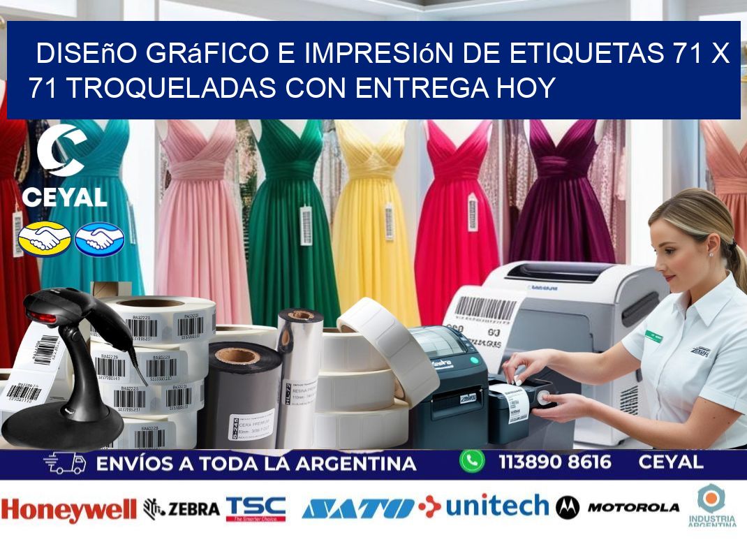 Diseño gráfico e impresión de etiquetas 71 x 71 troqueladas con entrega hoy