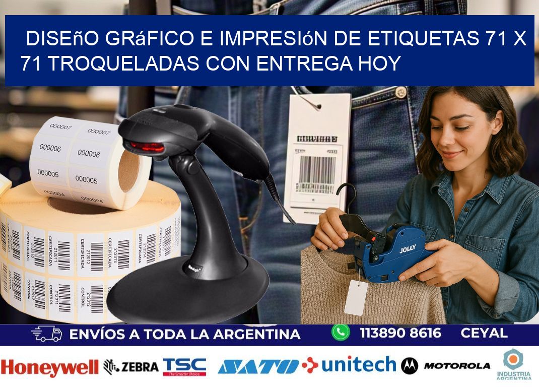 Diseño gráfico e impresión de etiquetas 71 x 71 troqueladas con entrega hoy