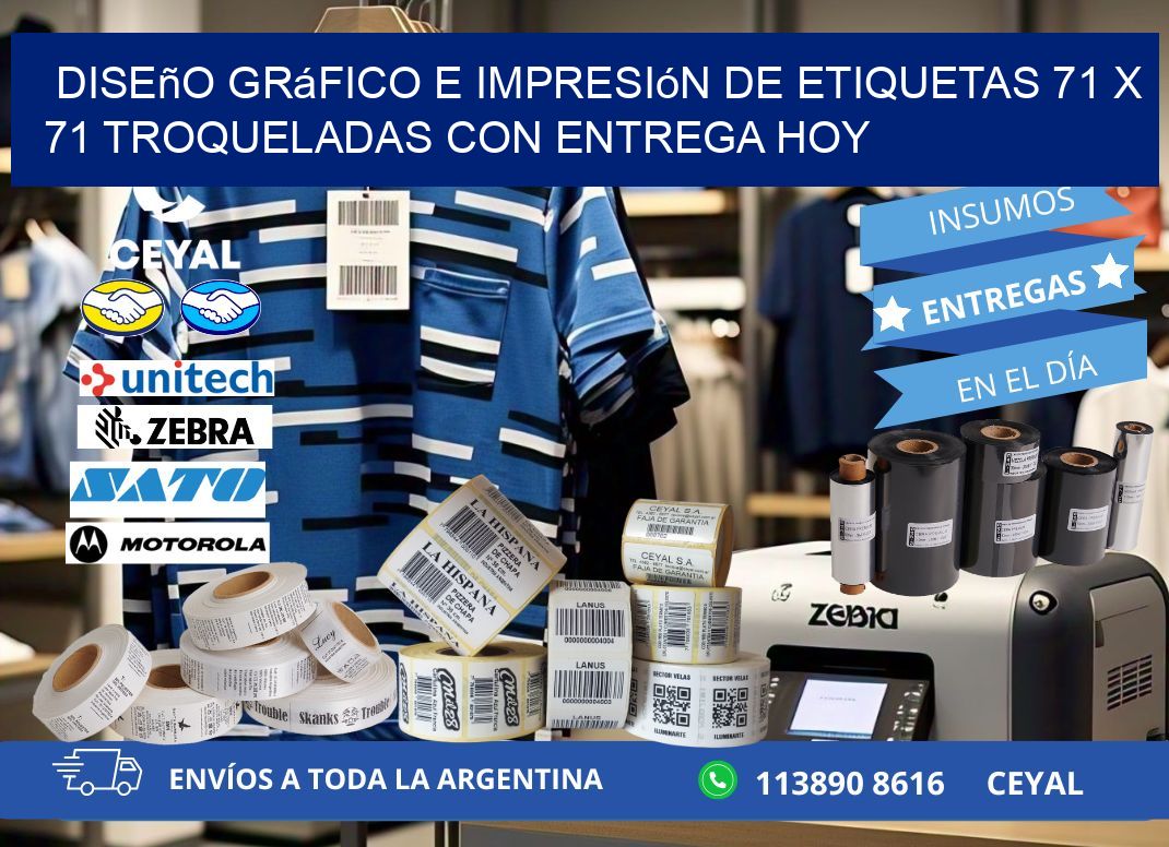 Diseño gráfico e impresión de etiquetas 71 x 71 troqueladas con entrega hoy