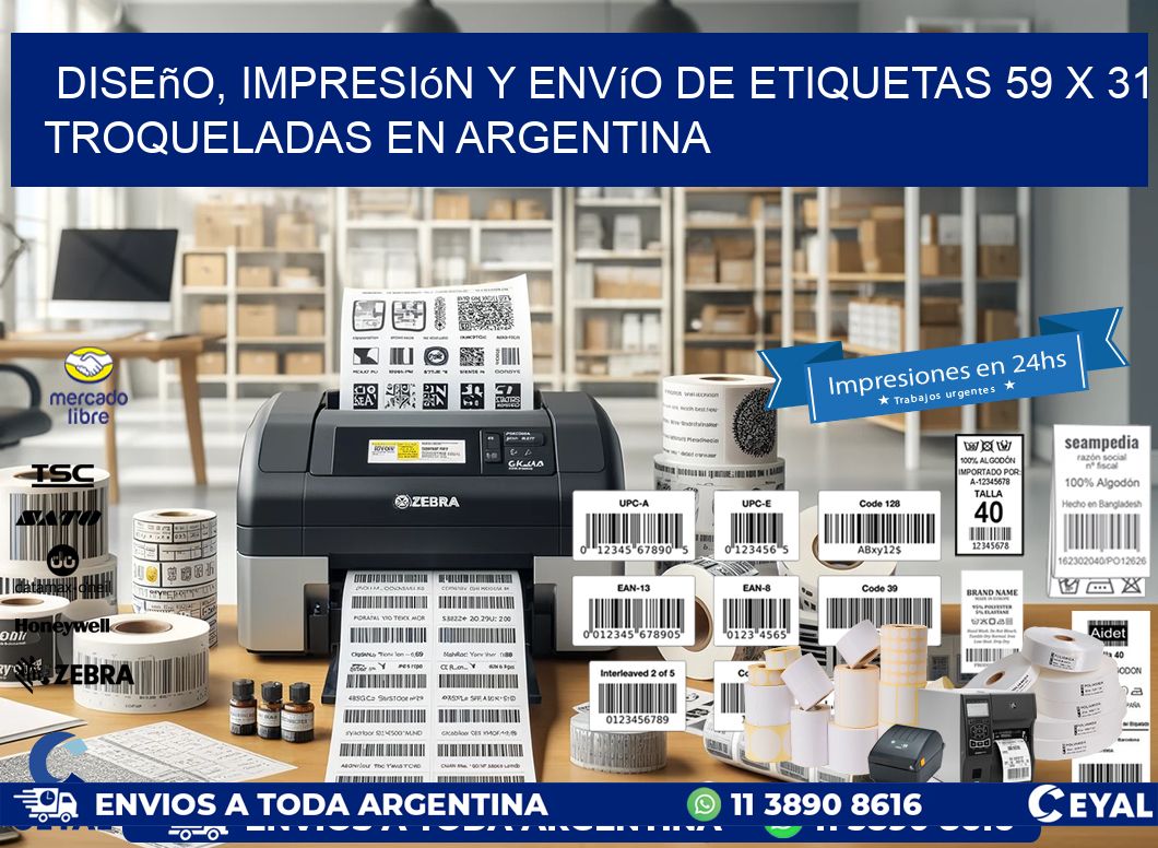 Diseño, impresión y envío de etiquetas 59 x 31 troqueladas en Argentina