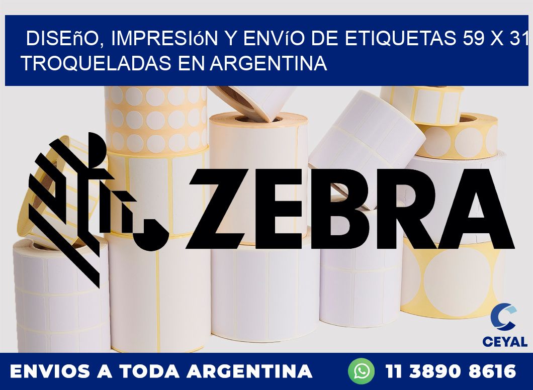 Diseño, impresión y envío de etiquetas 59 x 31 troqueladas en Argentina