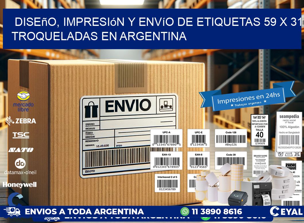 Diseño, impresión y envío de etiquetas 59 x 31 troqueladas en Argentina