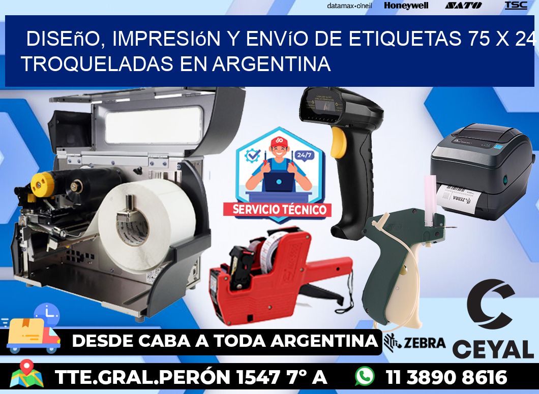 Diseño, impresión y envío de etiquetas 75 x 24 troqueladas en Argentina