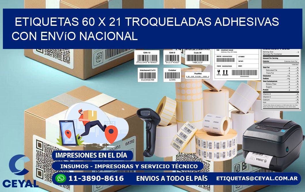 Etiquetas 60 x 21 troqueladas adhesivas con envío nacional