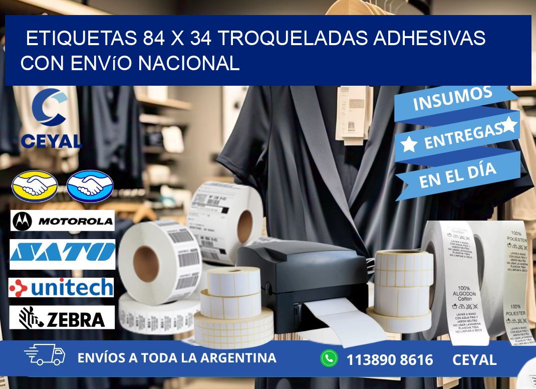 Etiquetas 84 x 34 troqueladas adhesivas con envío nacional