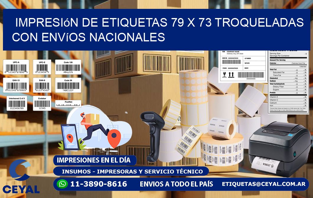 Impresión de etiquetas 79 x 73 troqueladas con envíos nacionales