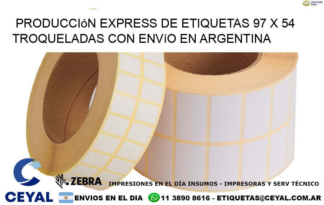 Producción express de etiquetas 97 x 54 troqueladas con envío en Argentina