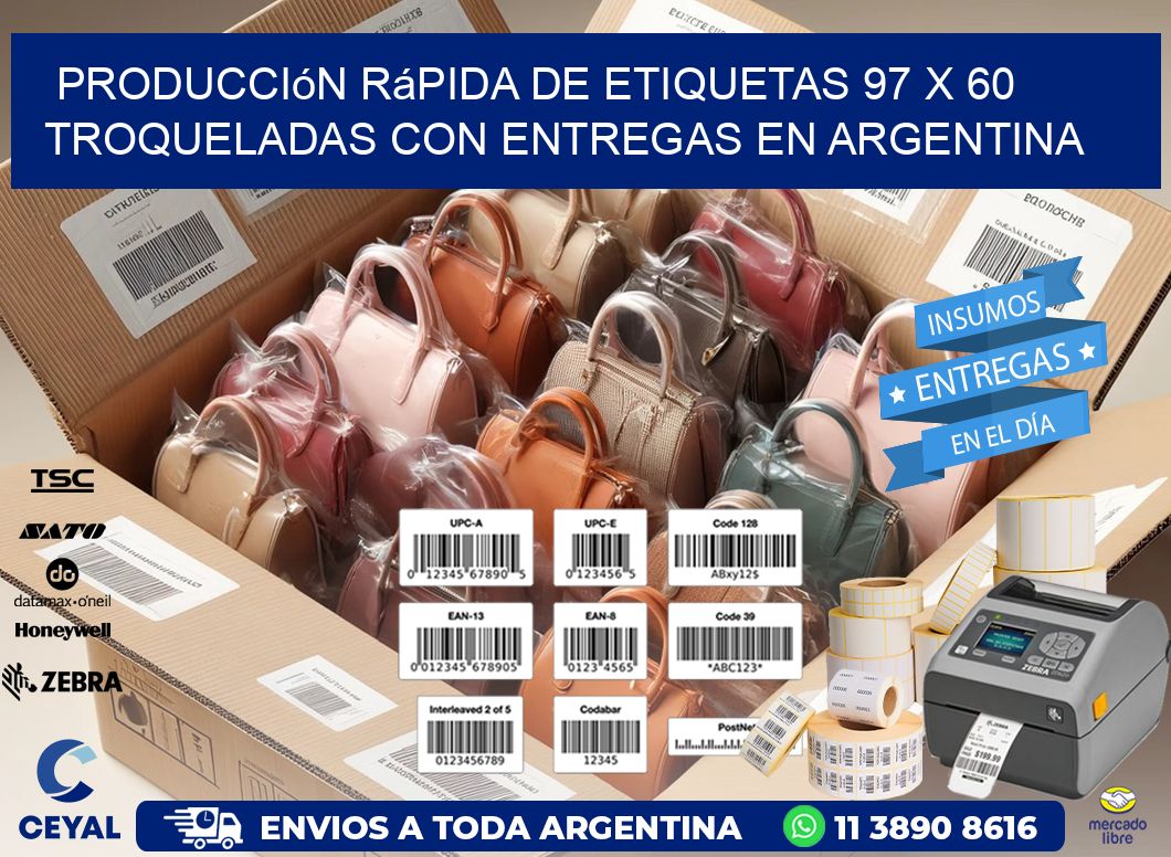 Producción rápida de etiquetas 97 x 60 troqueladas con entregas en Argentina