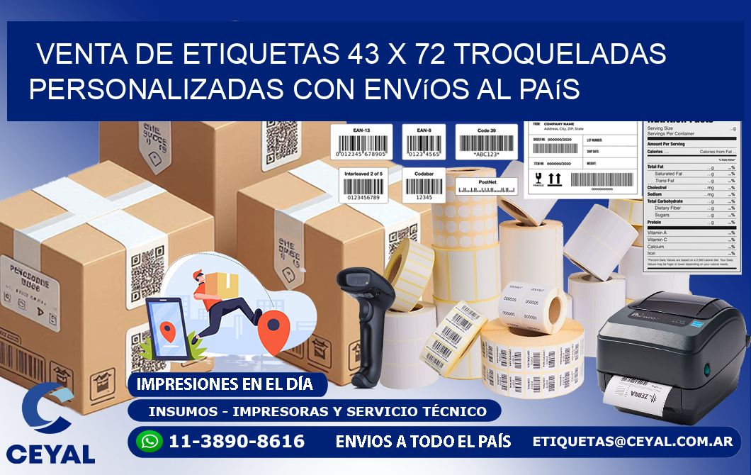Venta de etiquetas 43 x 72 troqueladas personalizadas con envíos al país