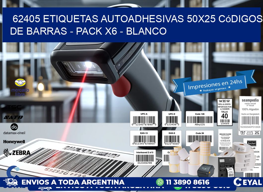 62405 Etiquetas Autoadhesivas 50x25 Códigos De Barras - Pack X6 - Blanco