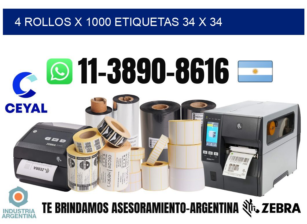 4 rollos x 1000 etiquetas 34 x 34