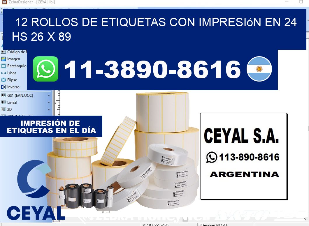 12 rollos de etiquetas con impresión en 24 hs 26 x 89