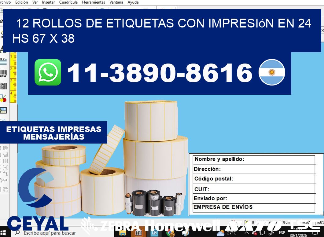 12 rollos de etiquetas con impresión en 24 hs 67 x 38