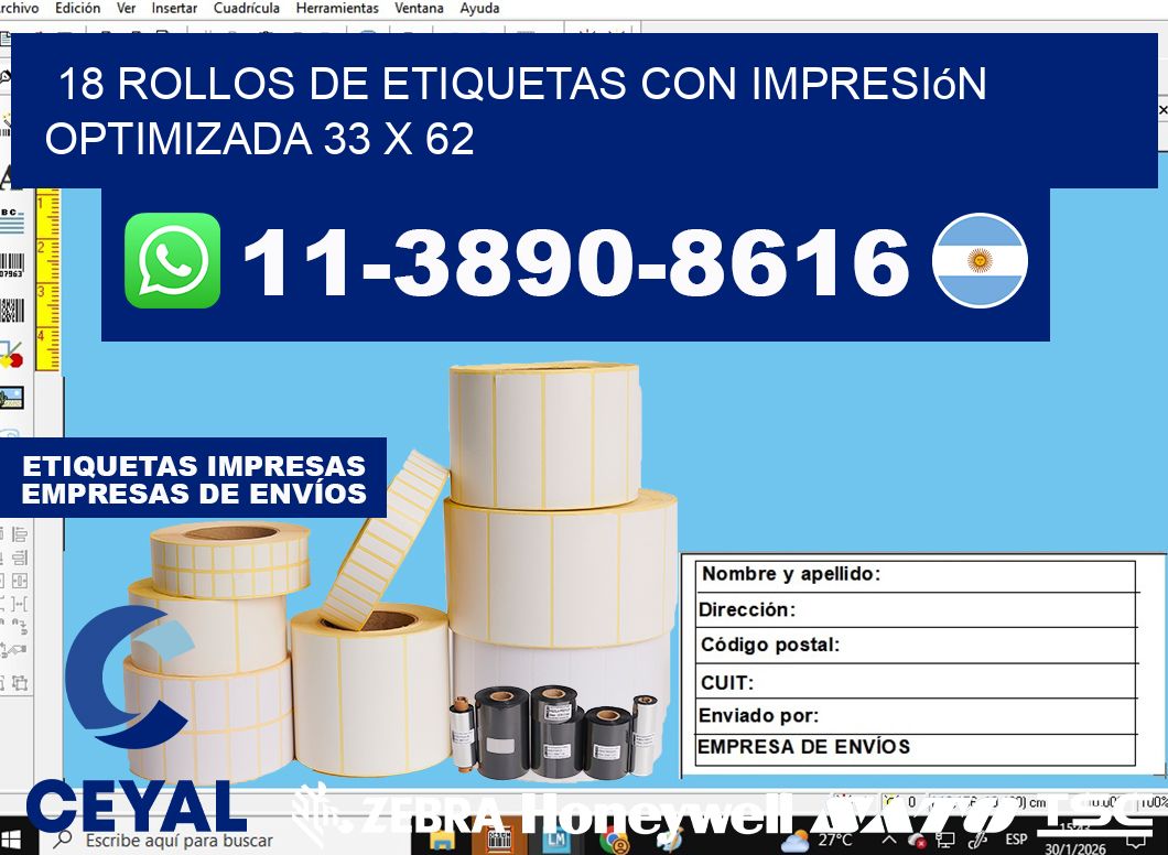 18 rollos de etiquetas con impresión optimizada 33 x 62