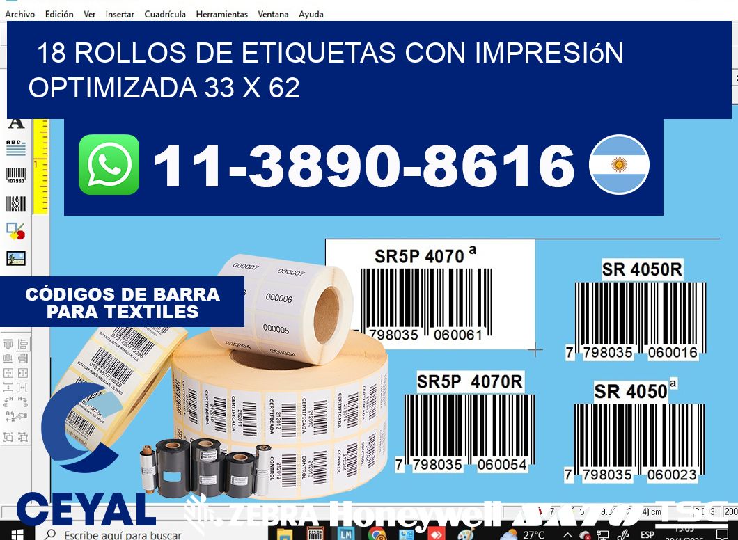 18 rollos de etiquetas con impresión optimizada 33 x 62