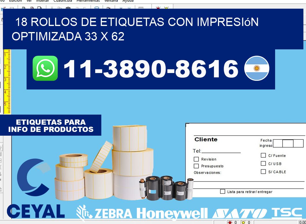 18 rollos de etiquetas con impresión optimizada 33 x 62