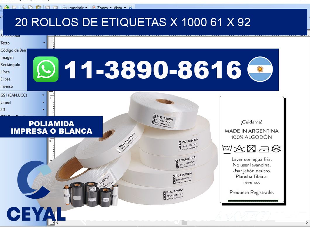 20 rollos de etiquetas x 1000 61 x 92