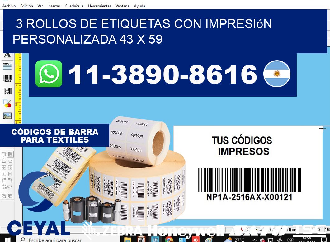 3 rollos de etiquetas con impresión personalizada 43 x 59