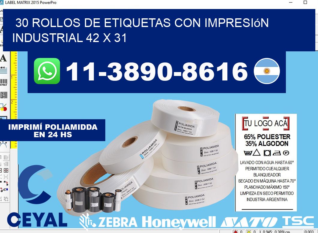 30 rollos de etiquetas con impresión industrial 42 x 31