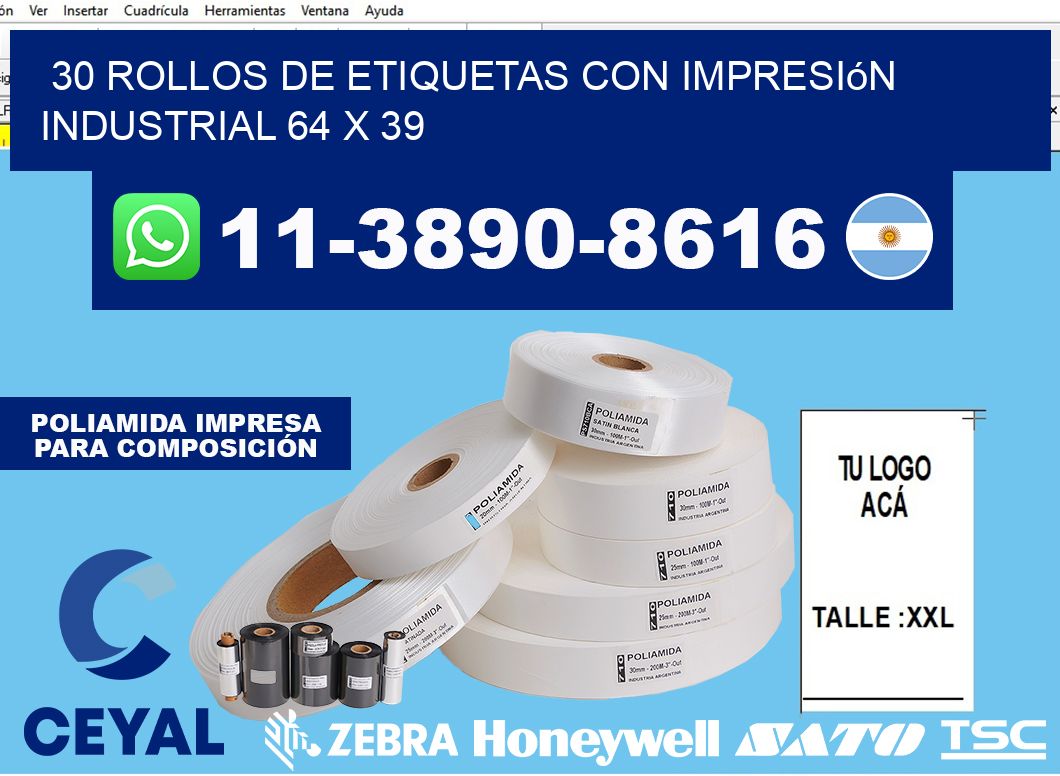 30 rollos de etiquetas con impresión industrial 64 x 39