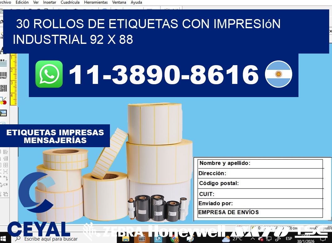 30 rollos de etiquetas con impresión industrial 92 x 88