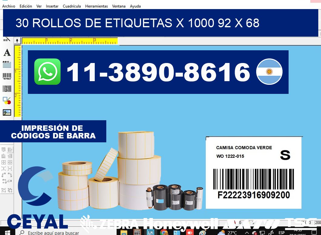 30 rollos de etiquetas x 1000 92 x 68