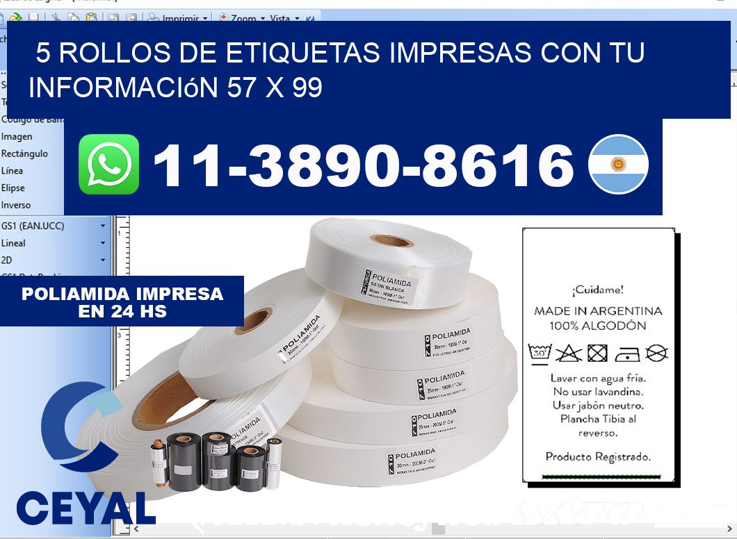 5 rollos de etiquetas impresas con tu información 57 x 99