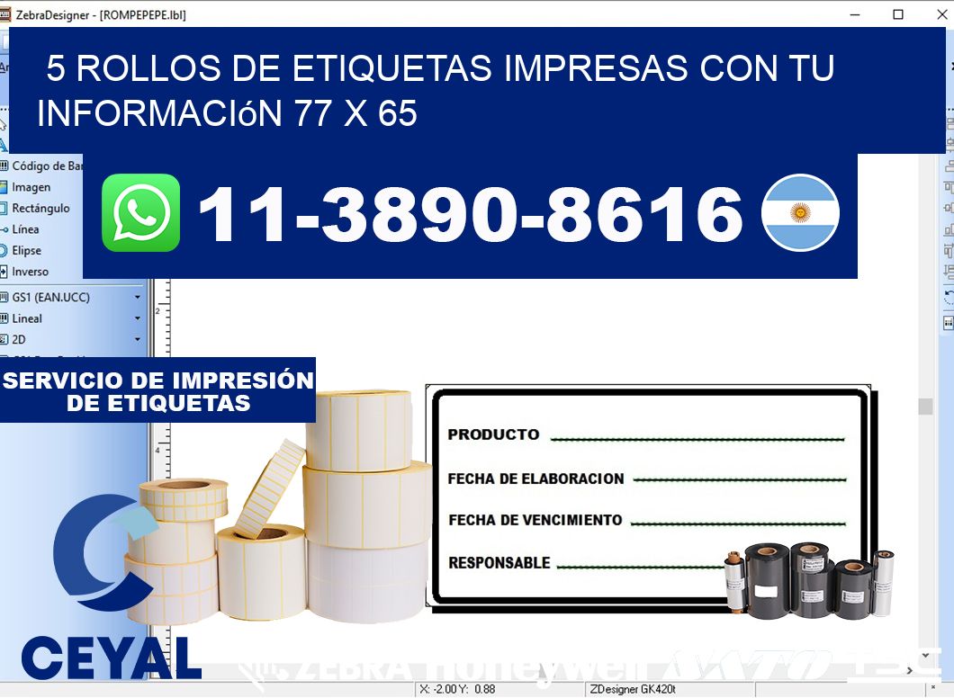 5 rollos de etiquetas impresas con tu información 77 x 65