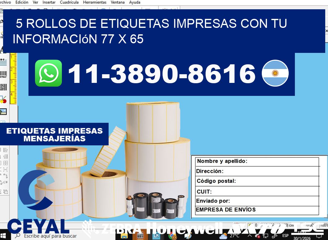 5 rollos de etiquetas impresas con tu información 77 x 65