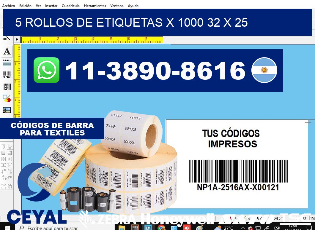 5 rollos de etiquetas x 1000 32 x 25