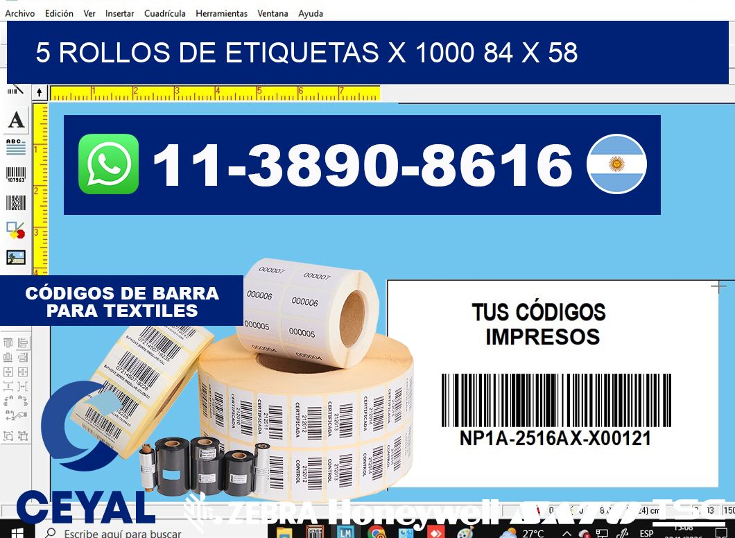 5 rollos de etiquetas x 1000 84 x 58