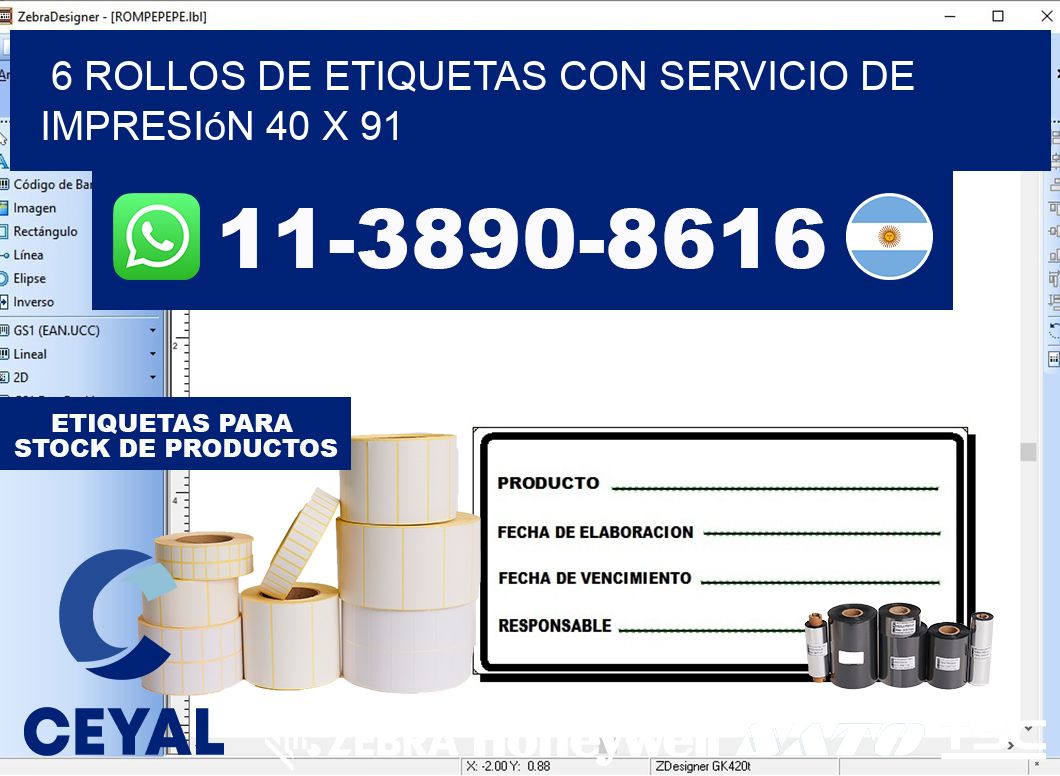 6 rollos de etiquetas con servicio de impresión 40 x 91