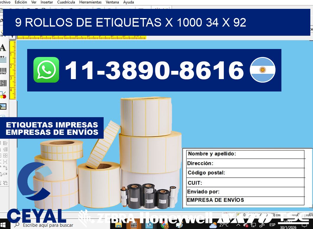 9 rollos de etiquetas x 1000 34 x 92