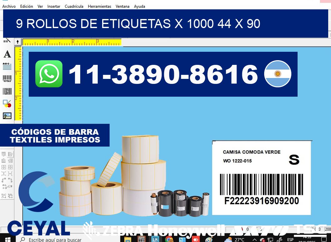 9 rollos de etiquetas x 1000 44 x 90
