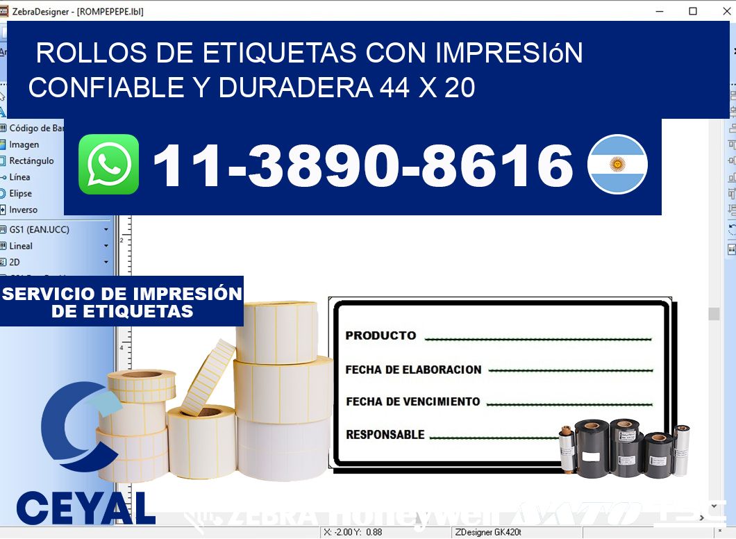 rollos de etiquetas con impresión confiable y duradera 44 x 20